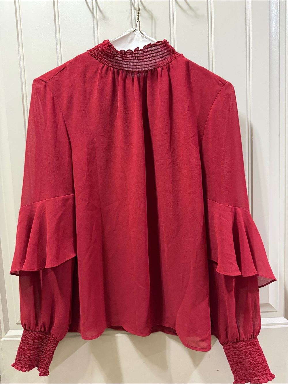 1. State Crimson Ruffle-Sleeve Smocked-Neck Blouse